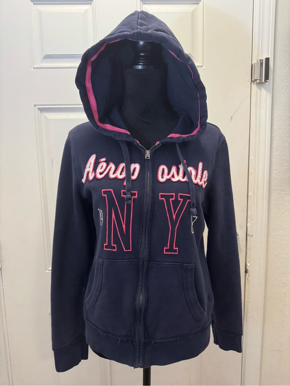 Aeropostale Navy Hoodie with Pink Trim and NY Applique